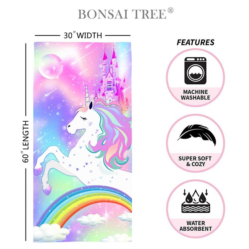 Bonsai Tree Unicorn Microfiber Beach Towel, Rainbow Kids Quick Dry Beach Blanket Oversized Clearance 30" x 60", Magic Castle Cute Sand Proof Bath Towels for Girls Travel - Image 2